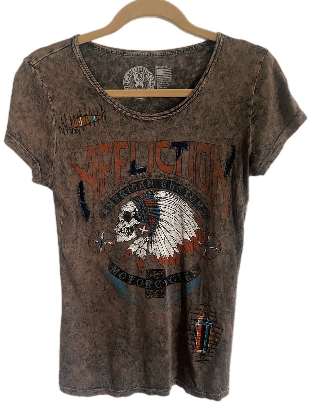 Buckle Vintage Affliction Brown Graphic Short-Sleeve Tribal Skull Tee Autumn